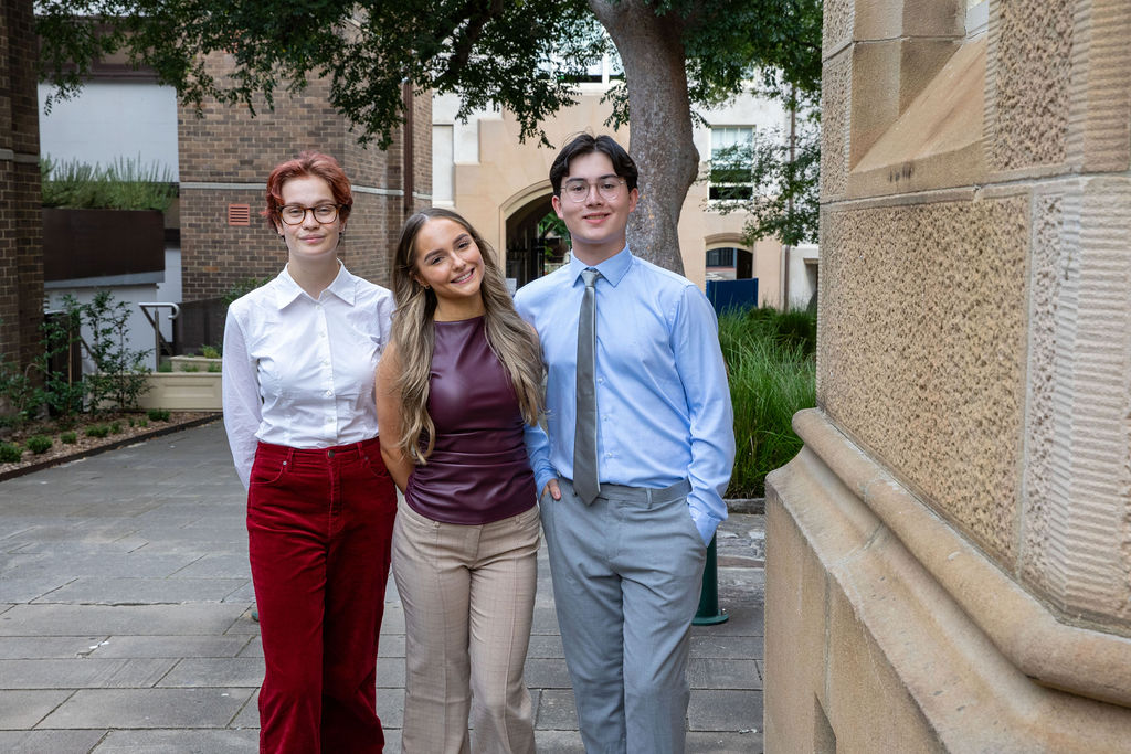 The three 2024 St Andrew's Scholars: from left to right Marcel Forrer, Atlanta Gervasoni and Nathan Sewart